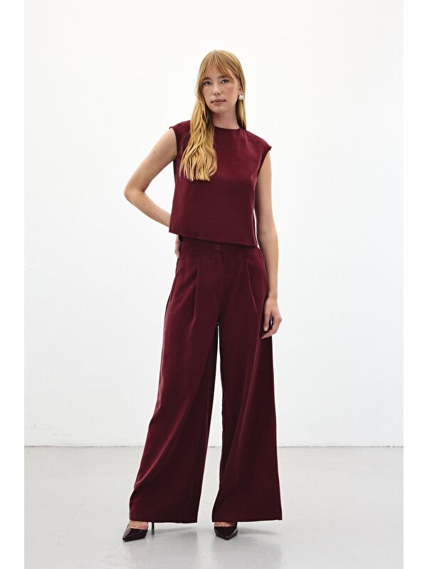SATEEN Geniş Paça Pantolon - Bordo