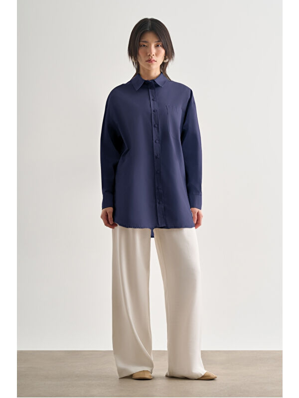 Mizalle Premium Saf Pamuk İndigo Mavi Oversize Gömlek