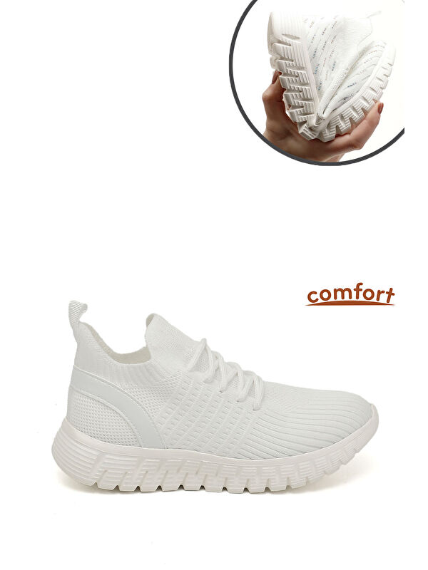 GÖNDERİ(R) Kadın BEYAZ-AÇIK GRİ Triko Bağcıklı Memory Foam Tabanlıklı Comfort Sneaker