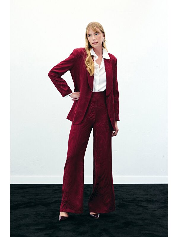 SATEEN Yüksek Bel Desenli Pantolon - Bordo