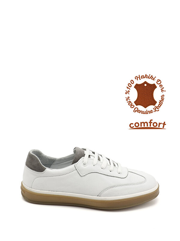 GÖNDERİ(R) Erkek BEYAZ-AÇIK GRİ Bağcıklı Hakiki Deri Comfort Sneaker