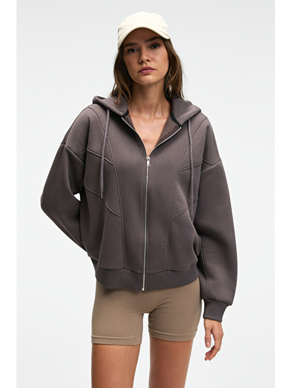 GRIMELANGE VYSELLE Kadın Önü Kesikli Metal Fermuarlı Kapüşonlu Etiket Detaylı Oversize ANTRASİT Sweatshirt