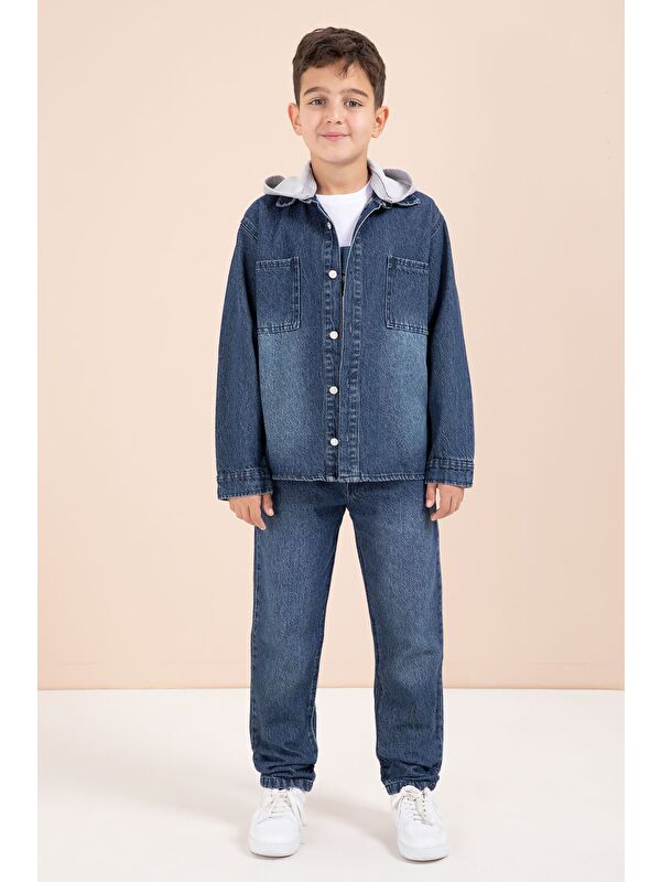 Cansın Mini Lacivert Kapüşonlu Ceketli Pantolonlu Erkek Çocuk 3lü Jean Takım 23625