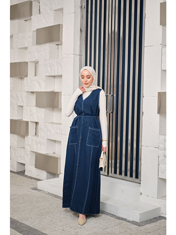 Locco Moda Kadın Süs Dikiş Detaylı Bel Bağlamalı Lacivert