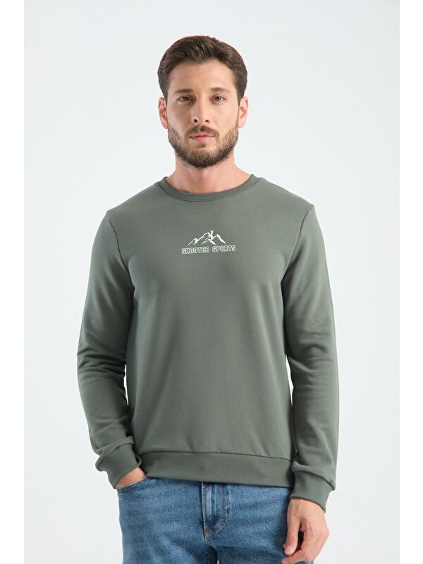Shooter Sportswear Haki Erkek Üç İplik Sweatshirt Şardonsuz Pamuklu Regular Fit Bisiklet Yaka Spor Sweat