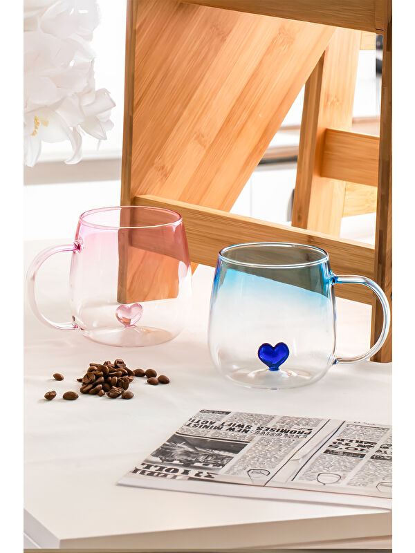 Porsima PBT-707 Dream Love Hearts 400ml Romantik Kalp Tasarımlı 2li Renkli Borosilikat Cam Kupa Seti