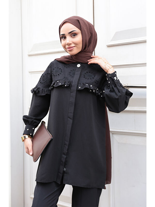 Locco Moda Kadın Brode Detay Taşlı Gömlek Siyah