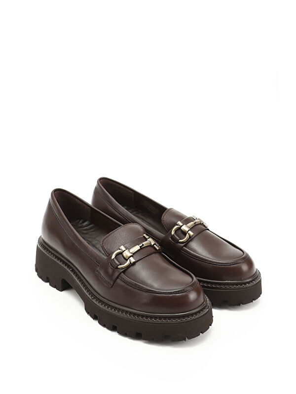 Kadın ORTA KAHVERENGİ Kalın Topuklu Tokalı Hakiki Deri Loafer Ayakkabı - Görsel 3