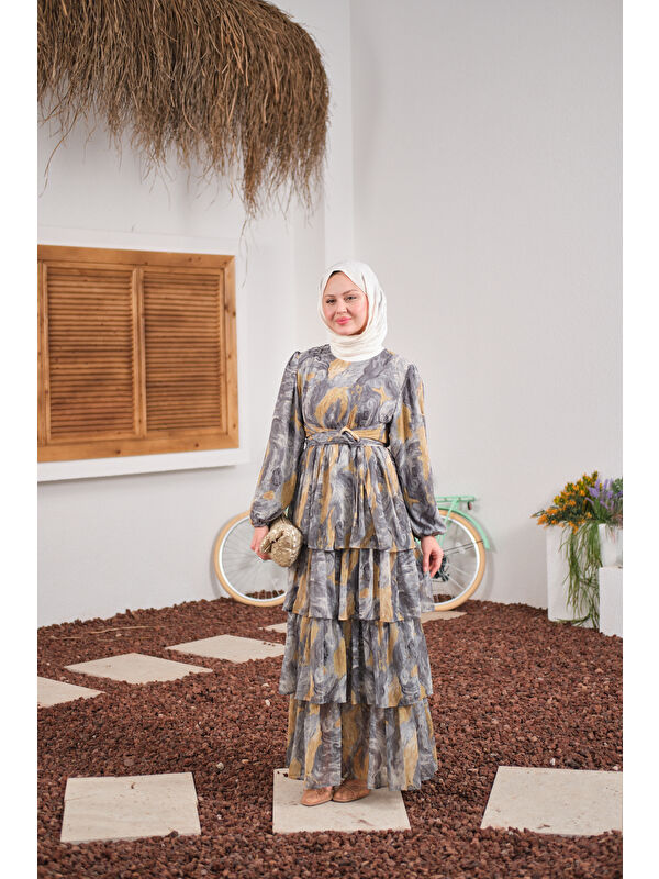 Locco Moda Kadın Kat Kat Detay Kuşaklı Astarlı Şifon Elbise Füme