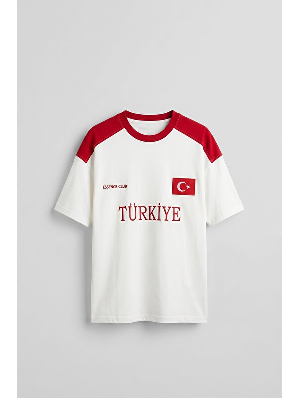 Abluka Online Erkek Oversize Nakışlı Ülke Temalı Forma T-Shirt Ekru/Kırmızı
