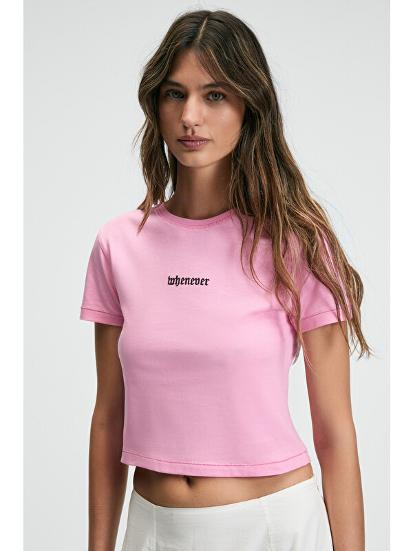 ETHIQUET ZERAYA Kadın Bisiklet Yaka Kısa Kollu Önde Nakış Detaylı Crop PEMBE T-Shirt