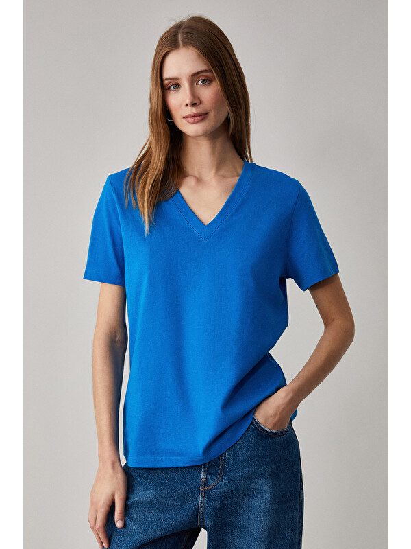 GRIMELANGE ALINE Kadın %100 organik Pamuk Derin V Yakalı Comfort Fit SAKS T-Shirt