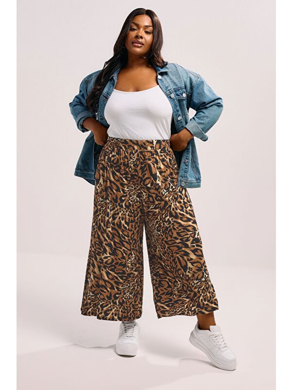 Stil Diva Büyük Beden Beli Lastikli Bol Paça Leopar Desenli Cepli Pantolon 304271