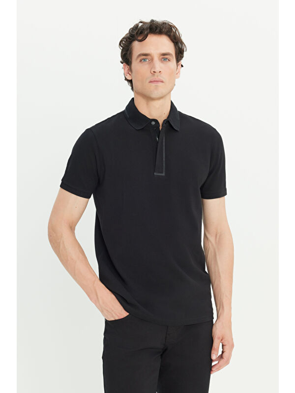 Altınyıldız Classics Erkek Siyah %100 Pamuk Slim Fit Dar Kesim Polo Yaka Tişört