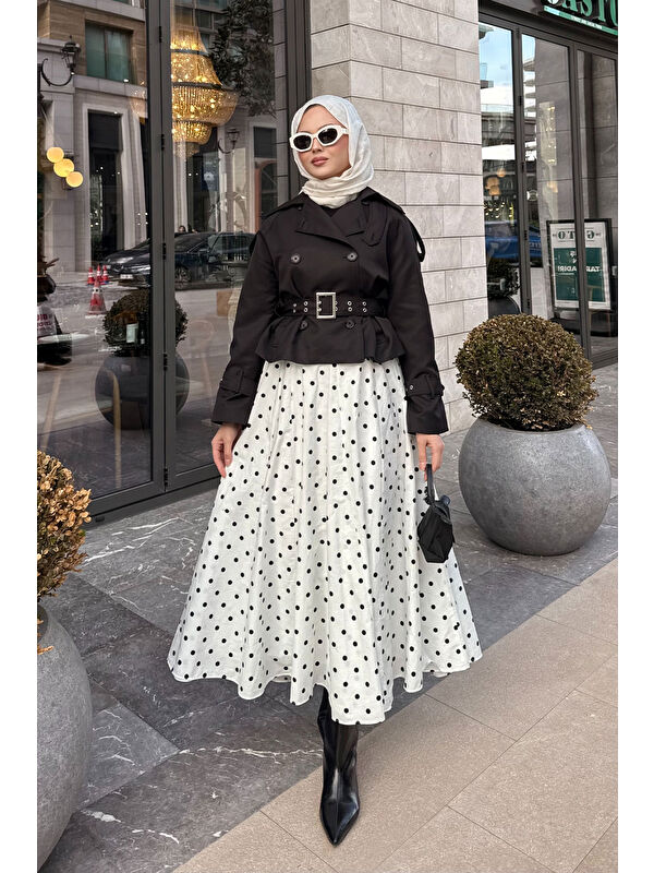 Locco Moda Kadın Benek Desen Detay Astarlı Etek Beyaz