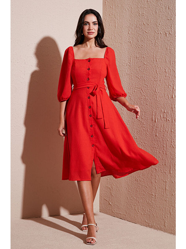 Lela Regular Fit Kare Yaka Düğmeli Midi Boy Kadın Elbise 67810197
