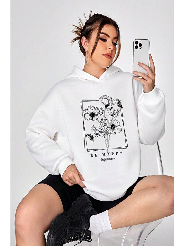uyguntarz Be Happy Baskılı Pamuklu Oversize Sweatshirt