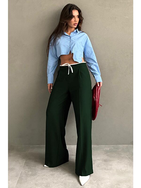 Madmext Haki Çift Bel Bantlı Wide Leg Kadın Pantolon Mg2551