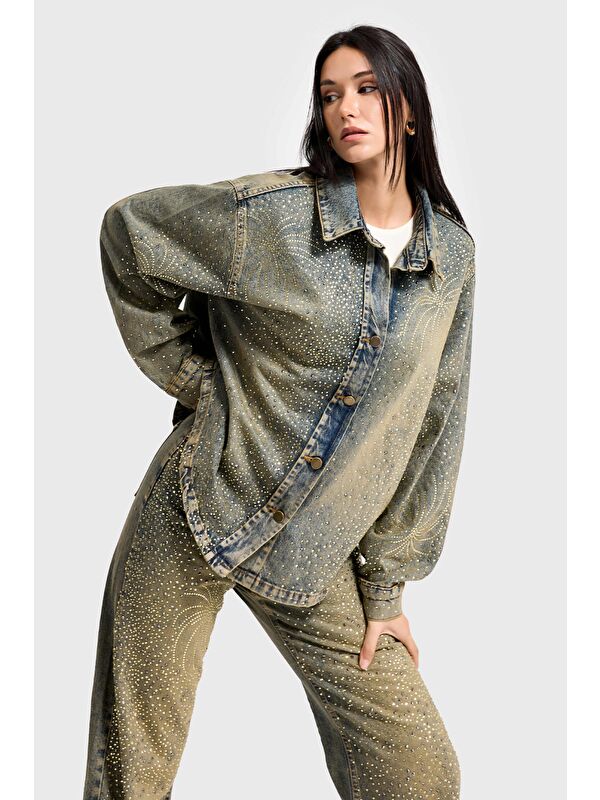 It's Basic Kadın T.Kot Rengi T-4w5-11 Oversize Parlak Taşlı Özel Tasarım Denim Ceket Gömlek