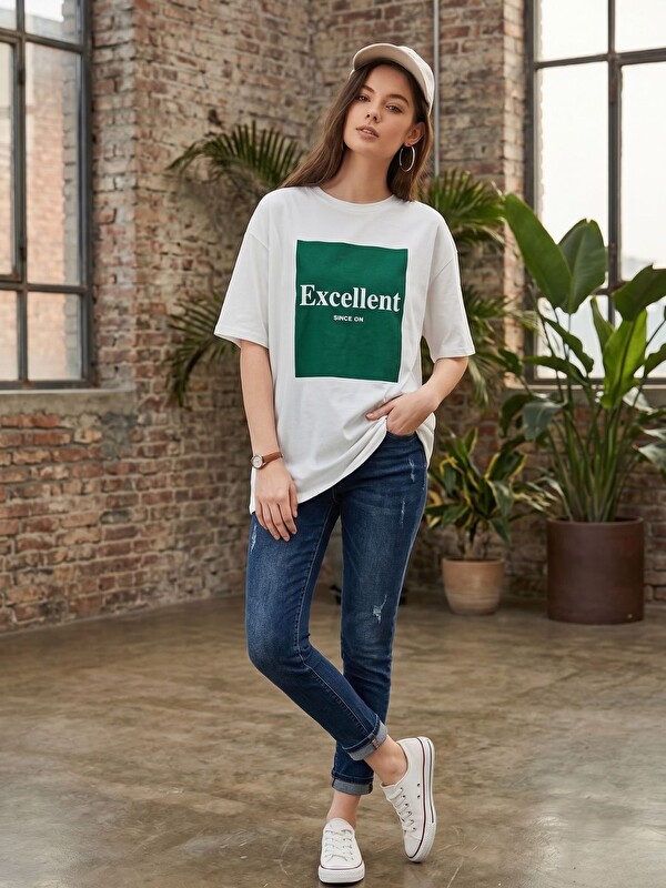 Trendseninle Kadın Excellent Baskı %100 Organik Pamuk Comfort Fit Yuvarlak Yaka Tişört Beyaz