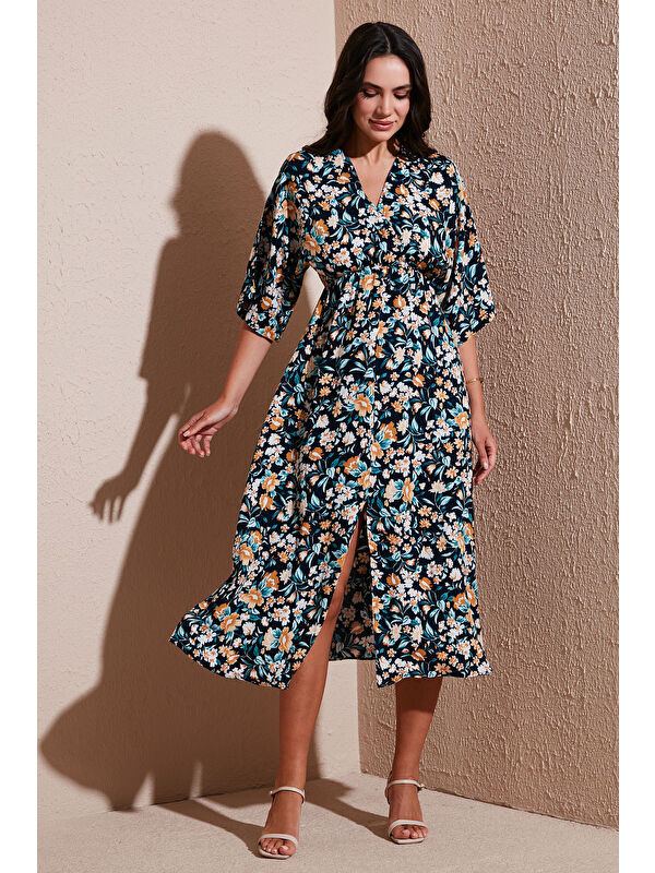 Lela Regular Fit V Yaka Desenli Midi Boy Kadın Elbise 67810573