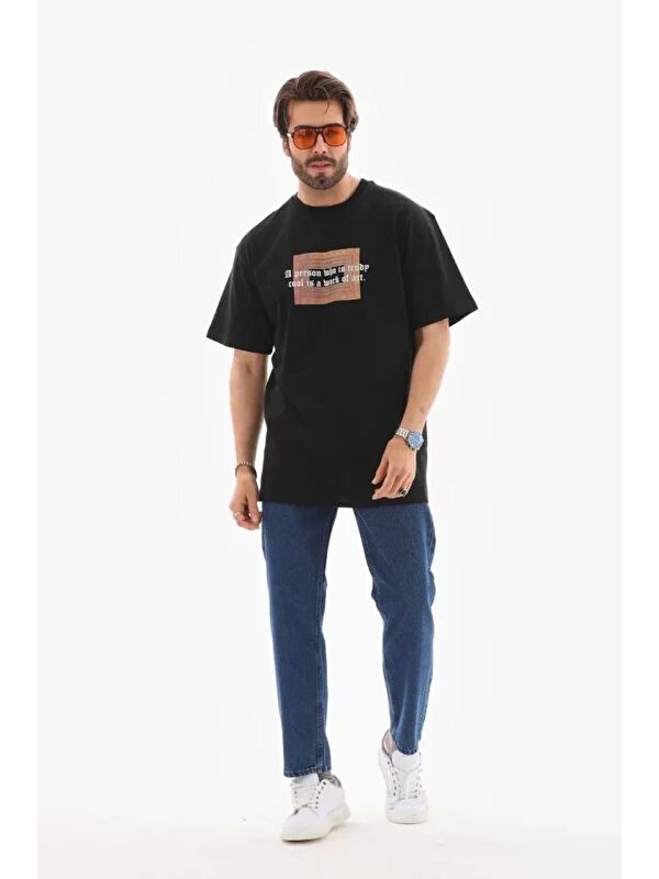 Jane's Unisex Bisiklet Yaka Baskılı Oversize T-Shirt - Siyah