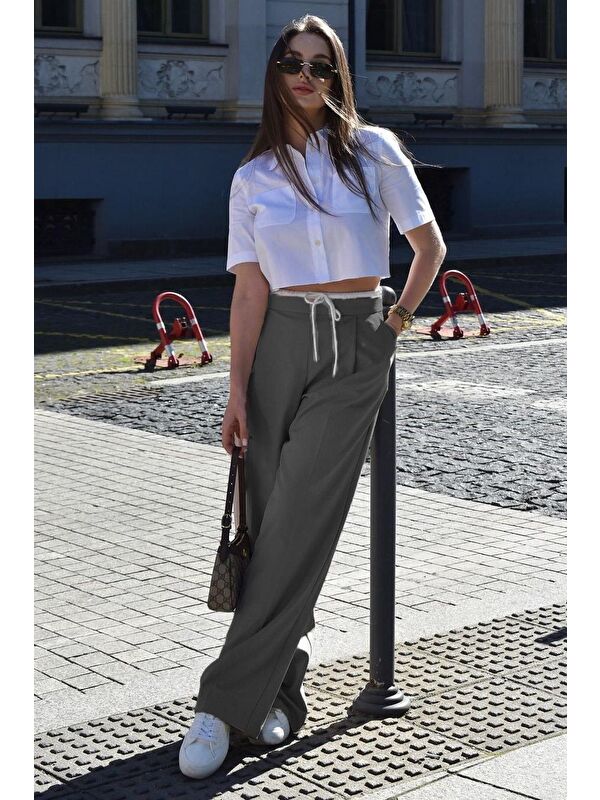 Madmext Antrasit Çift Bel Bantlı Wide Leg Kadın Pantolon Mg2551
