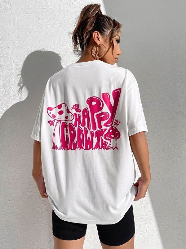 Trendseninle Kadın Happy Crowt Baskı %100 Organik Pamuk Relaxed Fit Yuvarlak Yaka Tişört Beyaz