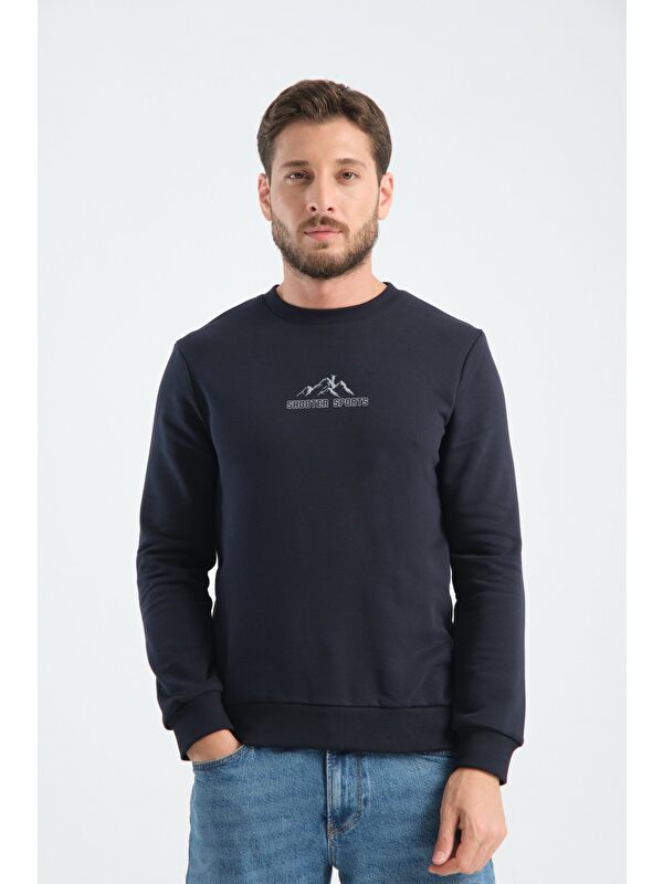 Shooter Sportswear Lacivert Erkek Üç İplik Sweatshirt Şardonsuz Pamuklu Regular Fit Bisiklet Yaka Spor Sweat