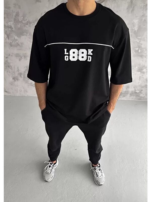 Jane's Unisex Bisiklet Yaka Baskılı Oversize T-Shirt - Siyah