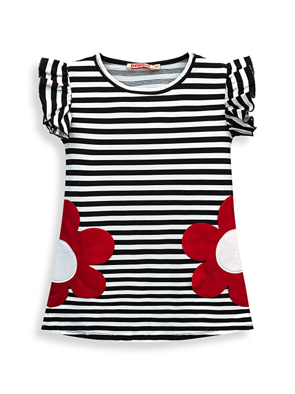 Denokids Siyah Beyaz Çizgili Kırmızı Papatya Cepli Kız Çocuk Elbise