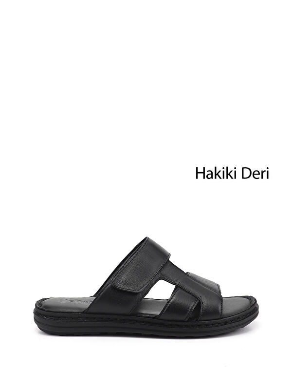 GÖNDERİ(R) Erkek SİYAH Cırt Bantlı Hakiki Deri Terlik