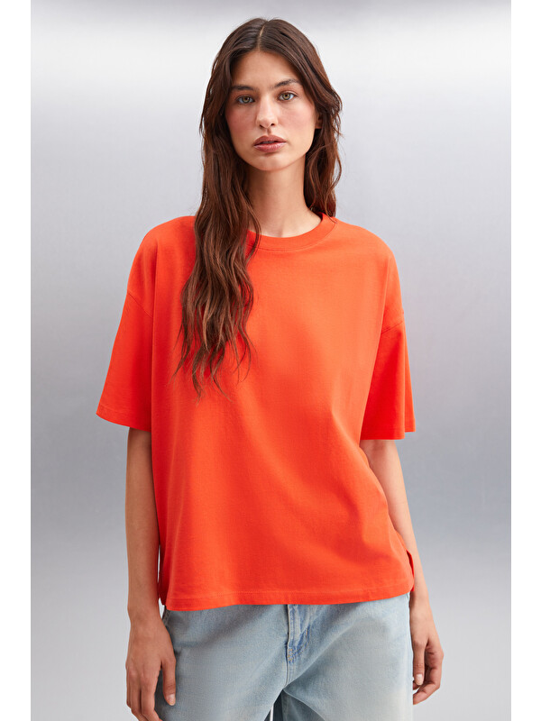 GRIMELANGE Jemmy Kadın %100 Organik Pamuk Relaxed Fit Yırtmaçlı Yuvarlak Yakalı KIRMIZI T-Shirt
