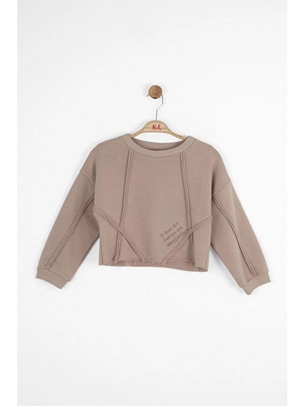 Magu Kız Çocuk Pamuklu Bej Dikiş Detaylı Crop Sweatshirt