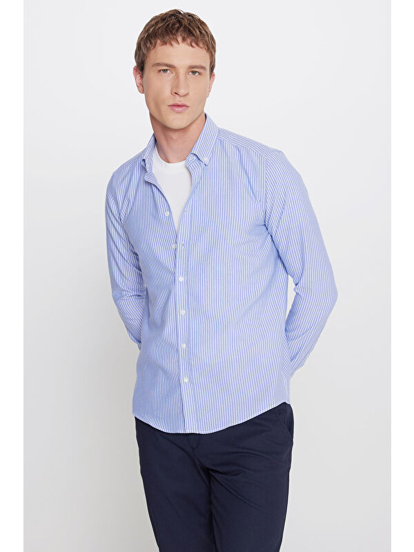 Altınyıldız Classics Erkek Mavi-Beyaz Pamuklu Slim Fit Dar Kesim İtalyan Yaka Oxford Gömlek