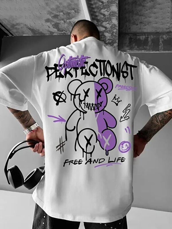 Jane's Baskılı Oversize Bisiklet Yaka T-shirt - Beyaz