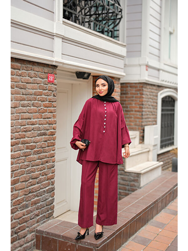 Locco Moda Kadın Önü Düğme Detaylı İkili Takım Bordo