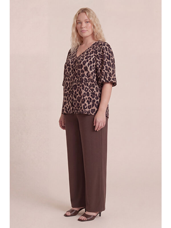 Mylinemoda Balon Kol Düğmeli Leopar Desenli Bluz