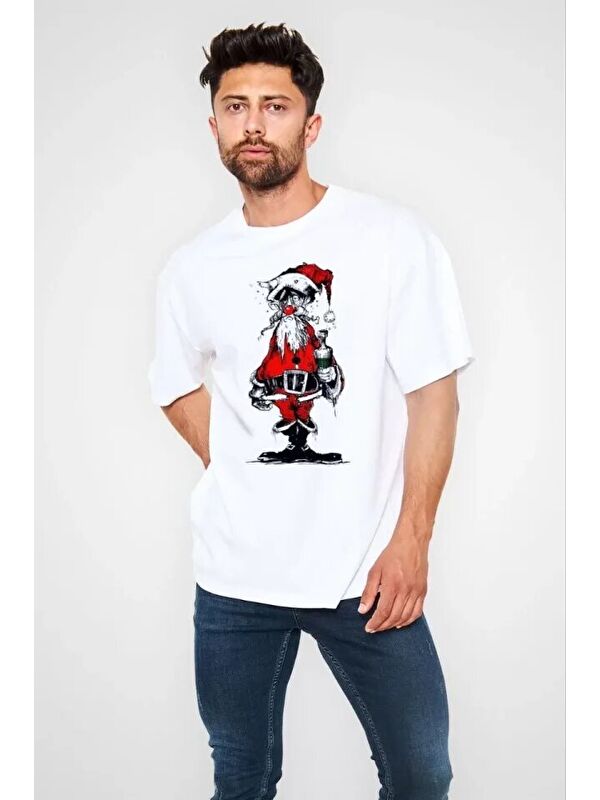 Jane's Unisex Bisiklet Yaka Baskılı Oversize T-Shirt - Beyaz