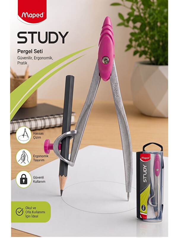 Maped Pembe Metal Pergel Kurşun Kalemli 1 Adet Study 119410 Pergel Matematik Geometri Mimari Proje T