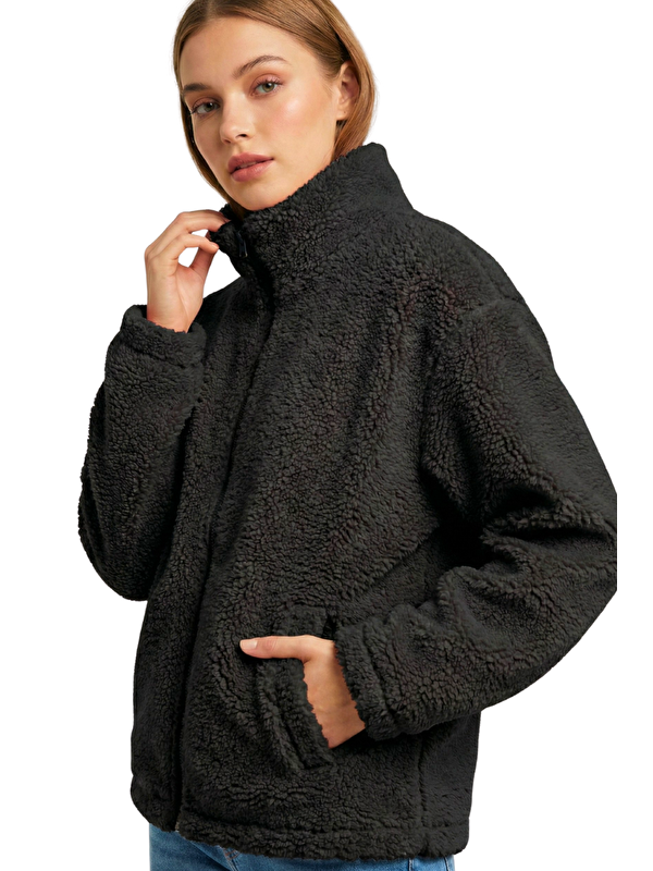 Genius Store Kadın Pelüş Tam Fermuarlı Cepli Sherpa Kuzu Kumaş Oversize Pelüş Polar Sweatshirt
