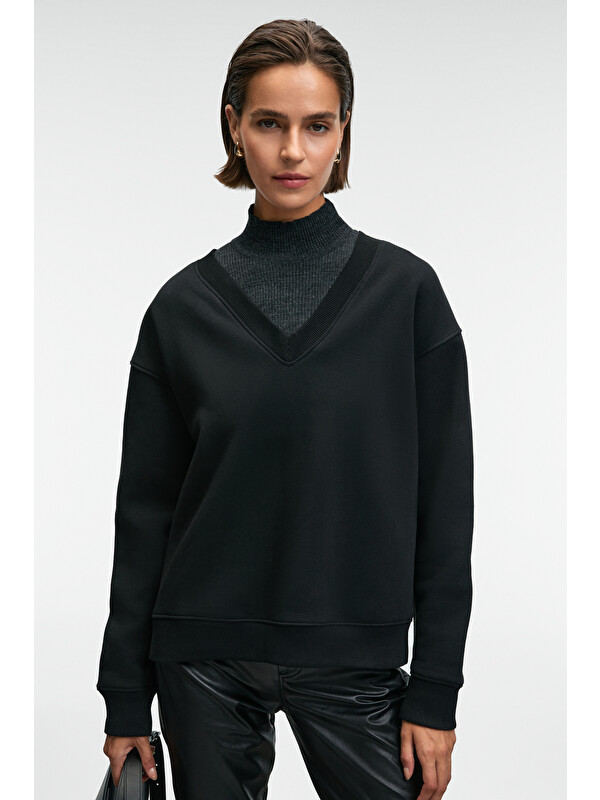 GRIMELANGE ARINEL Kadın V Yaka Regular Fit SİYAH Sweatshirt