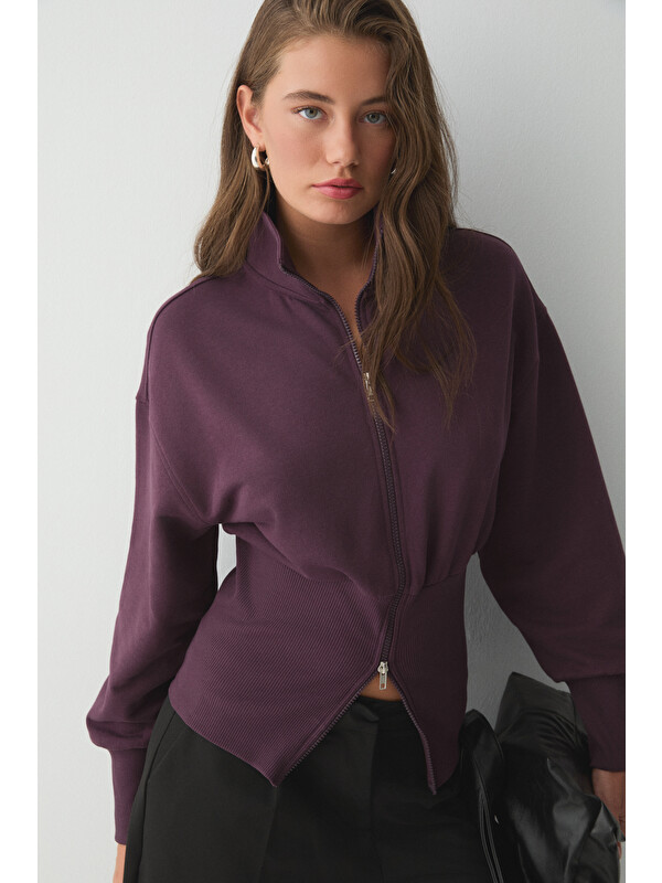ETHIQUET VIVALDI Kadın Organik Pamuklu Beli Korseli Fermuarlı MOR Sweatshirt