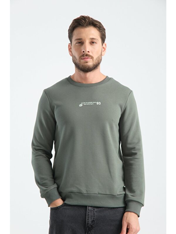 Shooter Sportswear Haki Erkek Üç İplik Sweatshirt Regular Fit Pamuklu Bisiklet Yaka Günlük Spor Basic