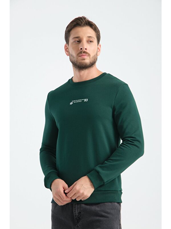 Shooter Sportswear Koyu Yeşil Erkek Üç İplik Sweatshirt Regular Fit Pamuklu Bisiklet Yaka Günlük Spor Basic