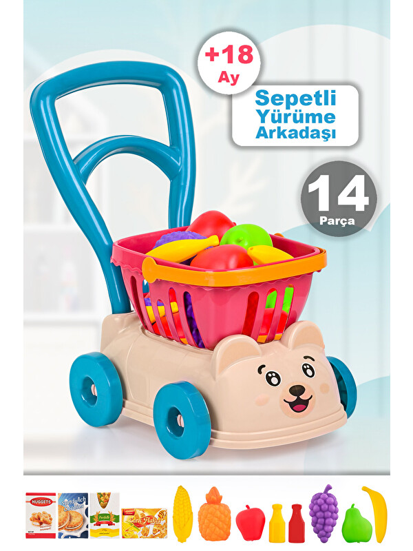Meleni Toys 14 Parça Market Sepetli Yürüme Arkadaşı - İlk Adım Arabası Meyve Sebze Atıştırmalık Alışveriş Sepeti