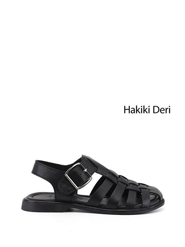 GÖNDERİ(R) Kadın SİYAH Tokalı Bantlı Burnu Kapalı Hakiki Deri Sandalet