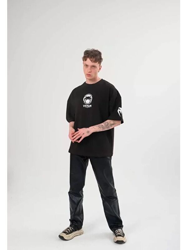 Jane's Unisex Bisiklet Yaka Baskılı Oversize T-Shirt - Siyah