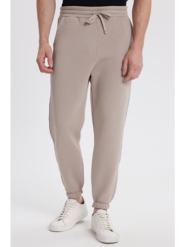 TUDORS Unisex Relax Fit Rahat Kesim Şardonlu 3 Cepli Lastikli Jogger Paça Bej Eşofman Altı