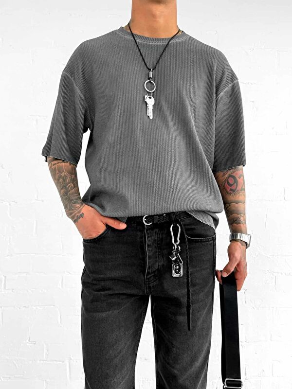 Abluka Online Erkek Yıkamalı Fitilli Oversize T-Shirt Siyah